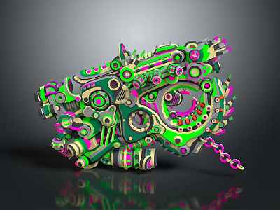 Intricate Mechanical Weapon Featuring Gears Chain and Vibrant Green Pink Design 3d model
