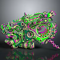 Intricate Mechanical Weapon Featuring Gears Chain and Vibrant Green Pink Design