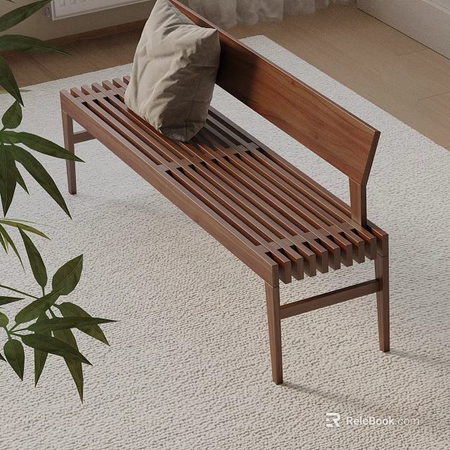 Wooden Slatted Sofa Bench With Beige Cushion On Neutral Rug And Green Plant 3d model 