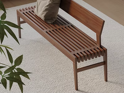 Wooden Slatted Sofa Bench With Beige Cushion On Neutral Rug And Green Plant 3d model