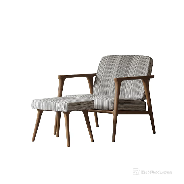 Modern Minimalist Leisure Chair With Striped Upholstery And Wooden Armrests Ottoman 3d model 