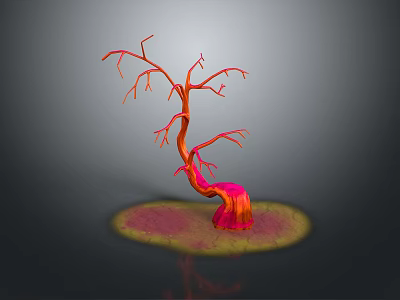 Red Plant With Twisted Branches And Red Yellow Round Base On Grey Background 3d model