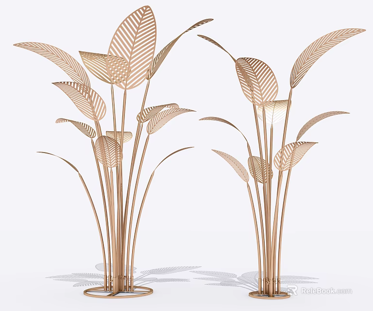 Metallic Leaf Shaped Decorative Ornament Set With Tall Stems And Circular Base 3d model