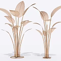 Metallic Leaf Shaped Decorative Ornament Set With Tall Stems And Circular Base 3d model