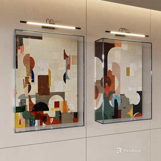 Abstract Paintings in Glass Frames Featuring Colorful Geometric Shapes and Collage Elements on White Wall 3d model