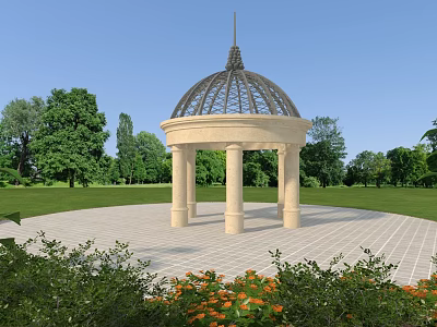 Outdoor Gazebo in Garden with Dome Roof Columns Paved Ground Green Grass and Trees 3d model
