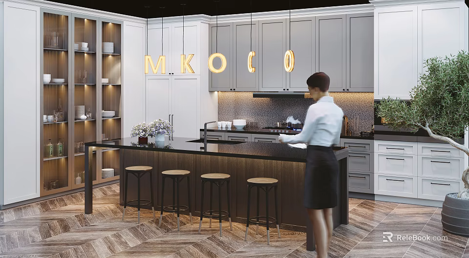 Modern Kitchen Interior Featuring Stylish Cabinets Island Countertop And Pendant Lights 3d model 