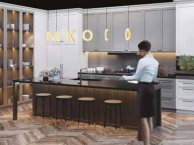 Modern Kitchen Interior Featuring Stylish Cabinets Island Countertop And Pendant Lights 3d model