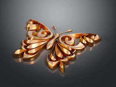 Golden Metallic Butterfly Decoration With Intricate Swirling Patterns And Glossy Finish 3d model