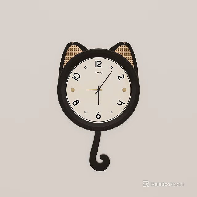 Cat Shaped Black Framed Wall Hanging Clock with White Dial Brown Ears and Curved Tail 3d model 