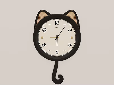 Cat Shaped Black Framed Wall Hanging Clock with White Dial Brown Ears and Curved Tail 3d model