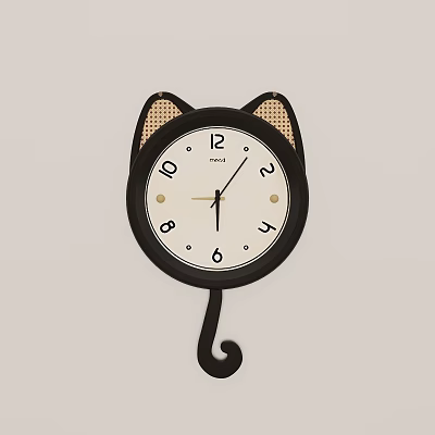 Cat Shaped Black Framed Wall Hanging Clock with White Dial Brown Ears and Curved Tail 3d model