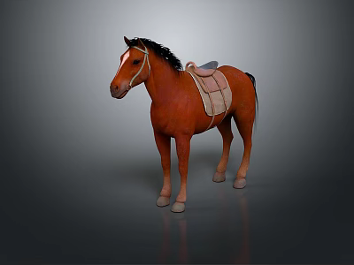 Brown Horse With Black Mane And Saddle Standing On Gray Background 3d model
