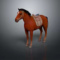 Brown Horse With Black Mane And Saddle Standing On Gray Background