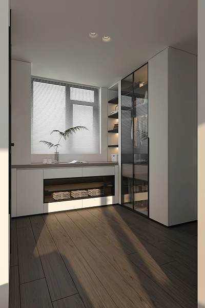 Modern Walk In Closet Design With Glass Doors White Cabinets Storage Baskets And Natural Light 3d model
