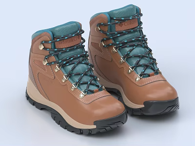 Brown And Teal Leather Hiking Boots With Laces And Non Slip Sole 3d model