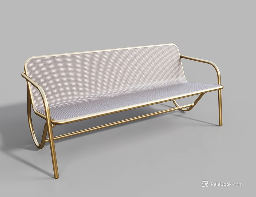 Modern Public Bench With Golden Metal Frame And Light Gray Woven Fabric Design 3d model 