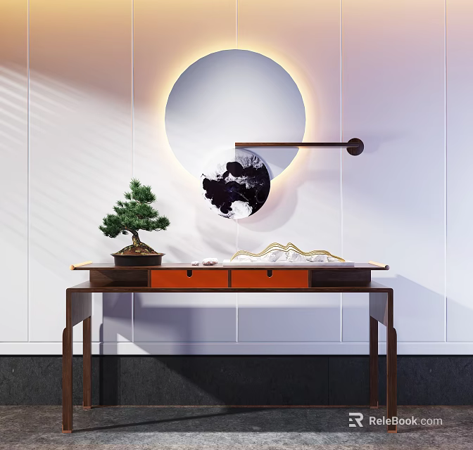 Modern Entryway Console Table Interior With Round Mirror Warm Lighting And Potted Plant 3d model