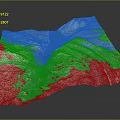 Detailed Mountainous Terrain Model With Blue White Layers And Yellow Flowing Ridges