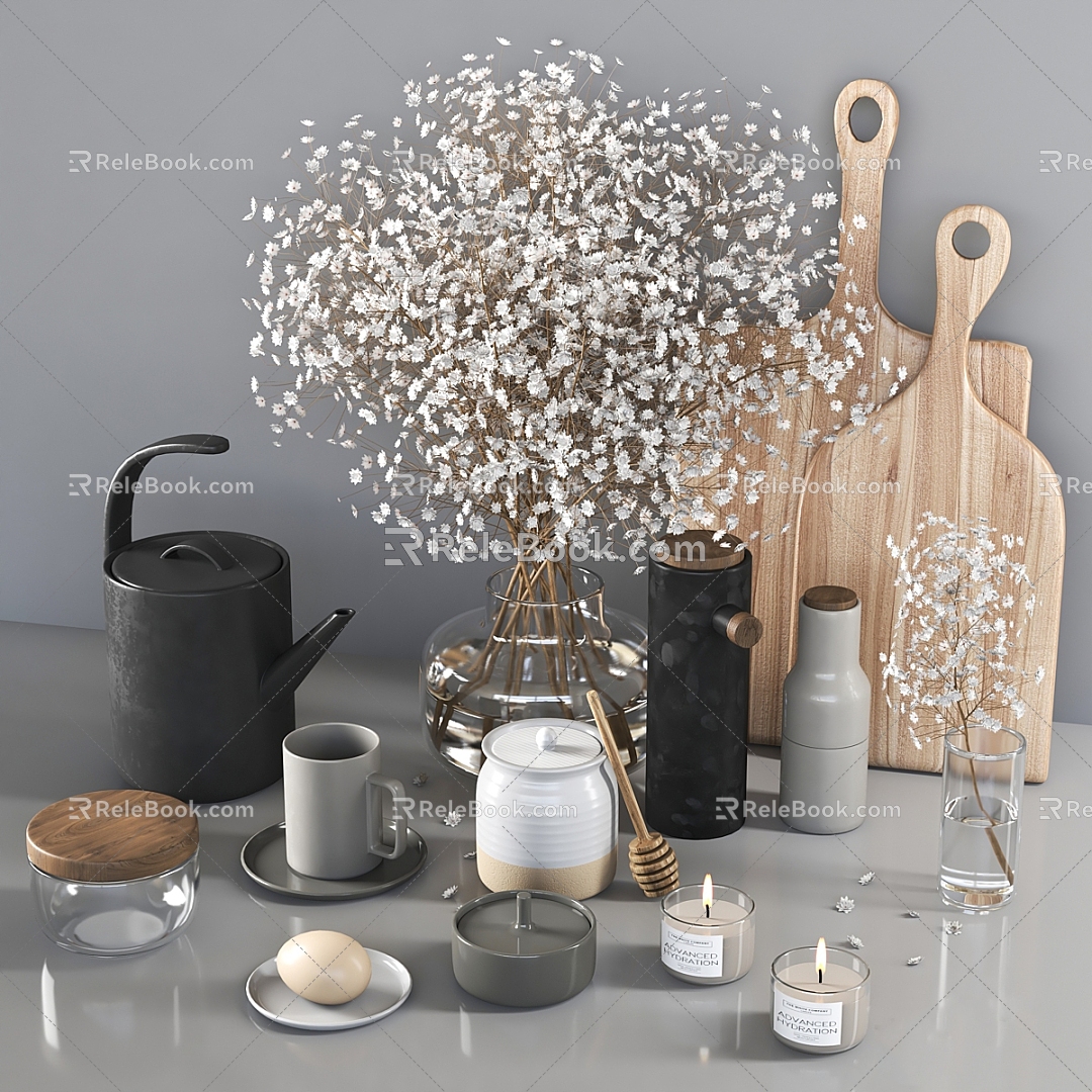 Kitchen Supplies Kitchenware Kitchen Tableware Chopping Board Vase Candle Plate Kettle Glass 3d model