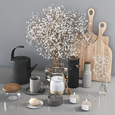 Stylish Tableware Set With Kettle Mugs Jars Wooden Boards And Flowers 3d model