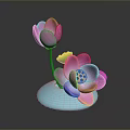 Two Pink Lotus Flowers With Green Leaves On Blue Decorative Base