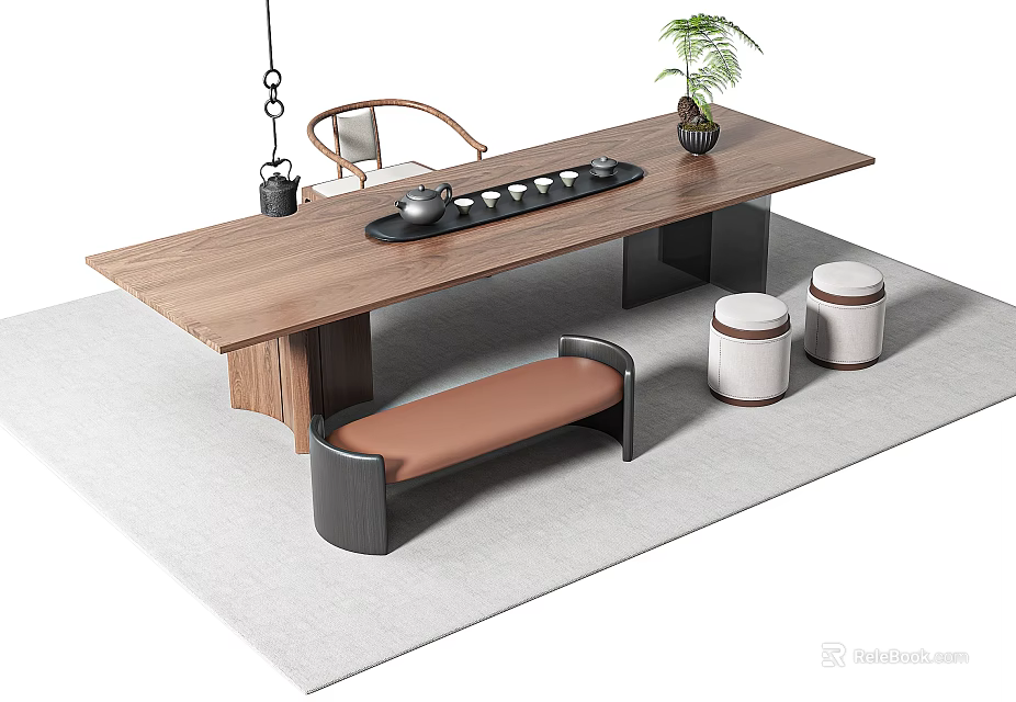 Modern Solid Wood Tea Table and Chairs with Tea Set Potted Plant and Round Stools 3d model