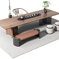Modern Solid Wood Tea Table and Chairs with Tea Set Potted Plant and Round Stools 3d model