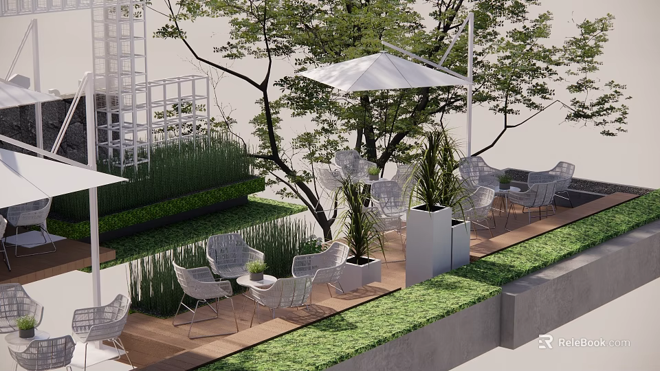 Outdoor Patio Table And Chair Set With Green Plants Trees And White Umbrella 3d model 