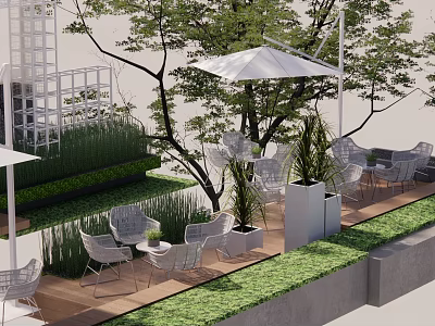 Outdoor Patio Table And Chair Set With Green Plants Trees And White Umbrella 3d model