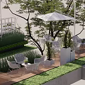 Outdoor Patio Table And Chair Set With Green Plants Trees And White Umbrella