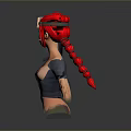 3D Character With Red Hair Long Braid Goggles Red Hat Blue Jacket And White Top