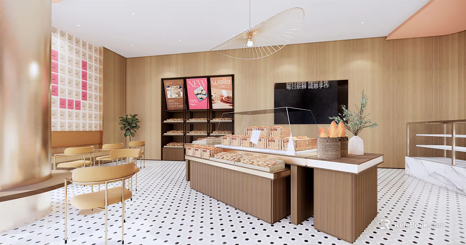 Cozy Dessert Shop Interior with Display Counter Fresh Pastries Wooden Tables and Chairs 3d model 