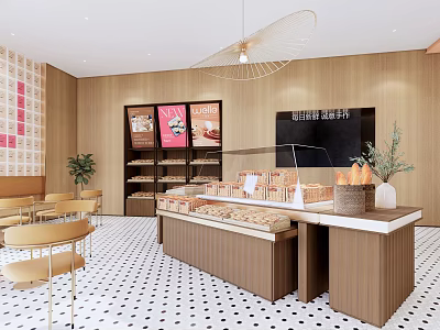 Cozy Dessert Shop Interior with Display Counter Fresh Pastries Wooden Tables and Chairs 3d model