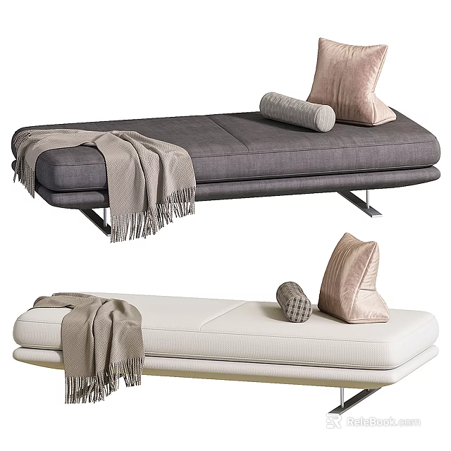 Modern Sofa Bench in Gray and White with Soft Pillows and Throw Blanket 3d model