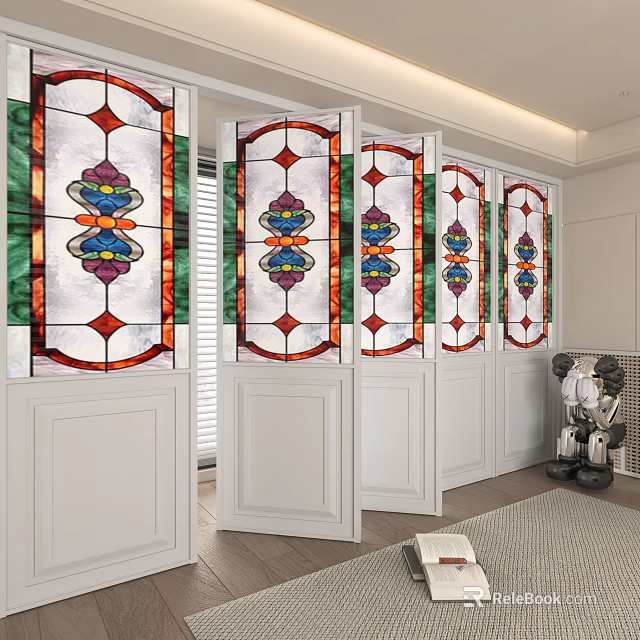 Stained Glass Decorative Screens With Colorful Patterns And White Frames In Interior 3d model 