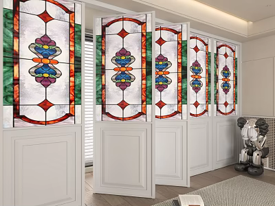 Stained Glass Decorative Screens With Colorful Patterns And White Frames In Interior 3d model