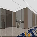 Modern Hotel Corridor With Wooden Doors Room Number Signs And Wave Pattern Carpet