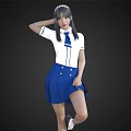 Cute Woman Posing in White Blouse Blue Skirt with Hand Behind Head One Leg Lifted