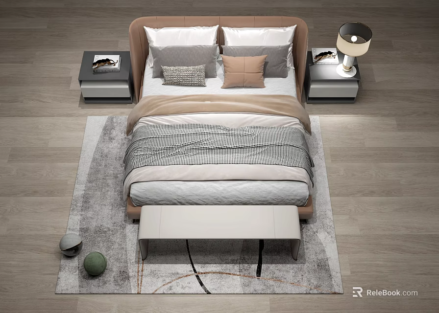 Modern Double Bed With Brown Headboard Gray Beige Pillows Bedside Tables And Bench 3d model