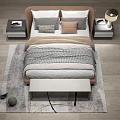 Modern Double Bed With Brown Headboard Gray Beige Pillows Bedside Tables And Bench 3d model