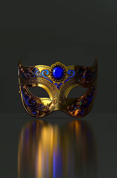 Ornate Golden Mask With Blue Gemstone Intricate Decorative Patterns And Classic Design 3d model