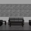 Modern Sofa And Coffee Table Set With Dark Upholstery Armchairs And Geometric Patterned Wall 3d model