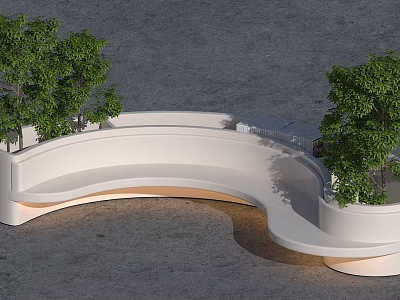 Modern Curved White Bench In Outdoor Leisure Space With Green Trees 3d model