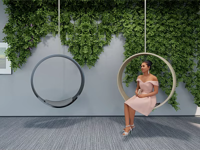 Round Indoor Hanging Chair With Green Plant Wall And Woman Sitting Comfortably 3d model