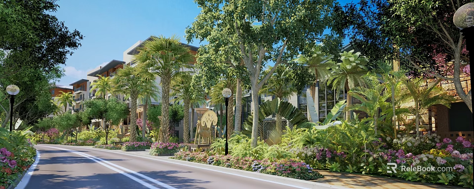 Tropical Garden Landscape Design With Palm Trees Buildings Street Lamp Flowers And Shrubs Along Road 3d model 