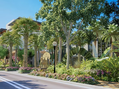Tropical Garden Landscape Design With Palm Trees Buildings Street Lamp Flowers And Shrubs Along Road 3d model