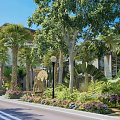 Tropical Garden Landscape Design With Palm Trees Buildings Street Lamp Flowers And Shrubs Along Road
