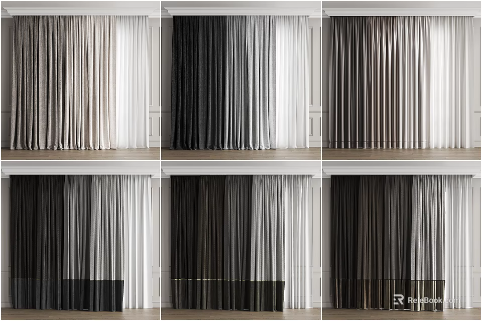 Various Curtain Styles in Neutral and Dark Tones for Contemporary Window Decor 3d model 