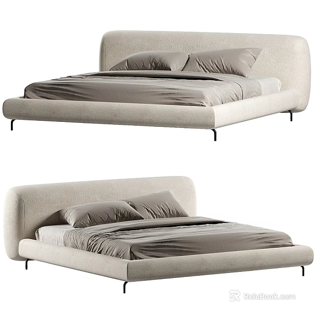 Modern Light Colored Double Bed With Curved Upholstered Headboard Design 3d model 